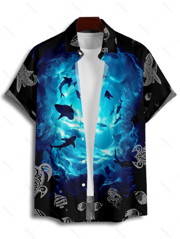 Chemise de Vacances Boutonnée Coquille Océan Imprimés à Manches Roulées pour Homme - Bleu L