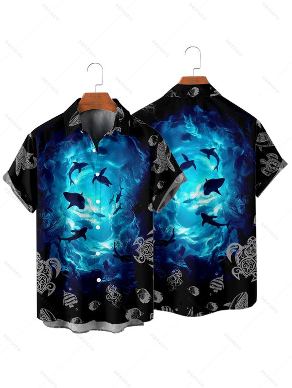 Chemise de Vacances Boutonnée Coquille Océan Imprimés à Manches Roulées pour Homme - Bleu L