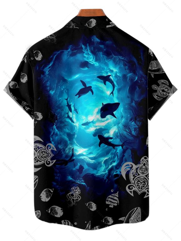 Chemise de Vacances Boutonnée Coquille Océan Imprimés à Manches Roulées pour Homme - Bleu L
