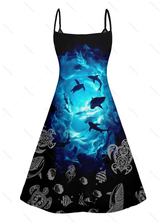 Robe Ligne A à Bretelle Fine Coquille et Dauphin de Mer Imprimés à Col V - Bleu S | US 4