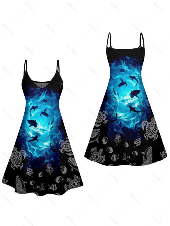 Robe Ligne A à Bretelle Fine Coquille et Dauphin de Mer Imprimés à Col V - Bleu S | US 4