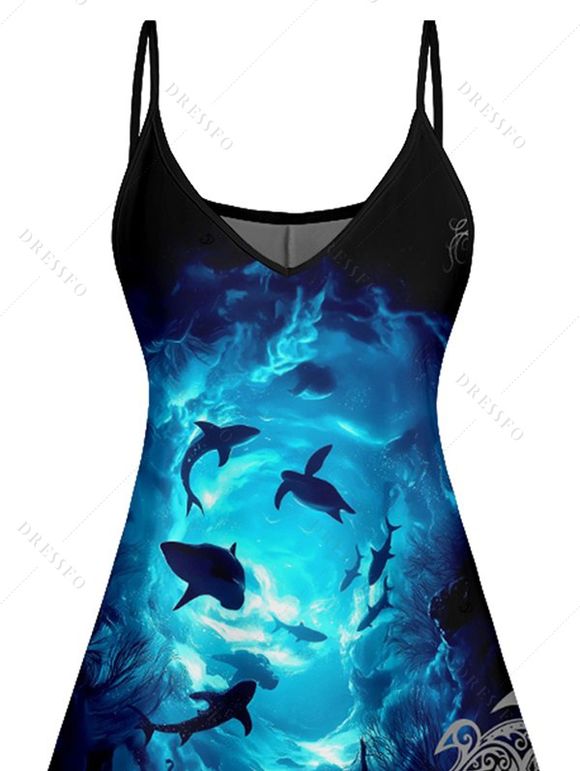 Robe Ligne A à Bretelle Fine Coquille et Dauphin de Mer Imprimés à Col V - Bleu S | US 4