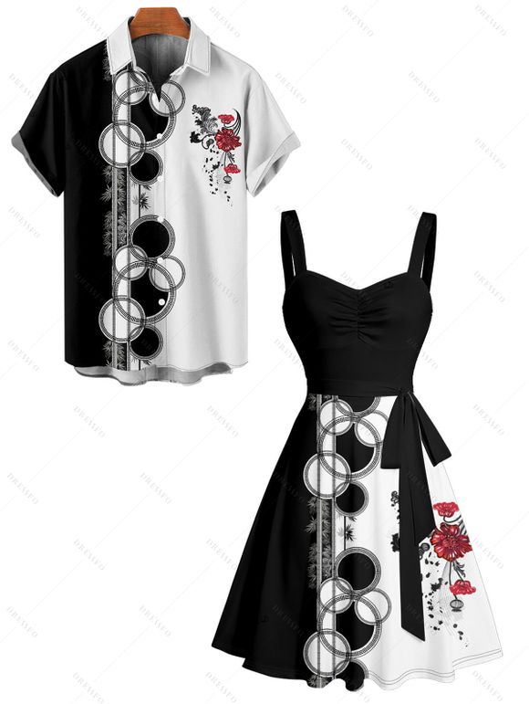 Couple Outfit Contrast Color Geometric Floral Print Ruched Bust Belt Dress and Men's Roll Up Sleeve Shirt Two Piece Set - Noir S | US 4