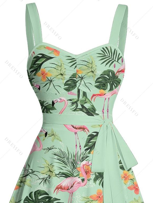 Robe de Vacances Ligne A Fleurie Feuille Flamant Imprimés sans Manches à Volants - Vert clair XXL | US 14