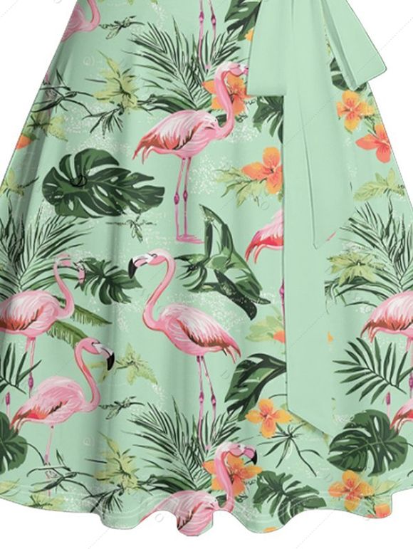Robe de Vacances Ligne A Fleurie Feuille Flamant Imprimés sans Manches à Volants - Vert clair XXL | US 14