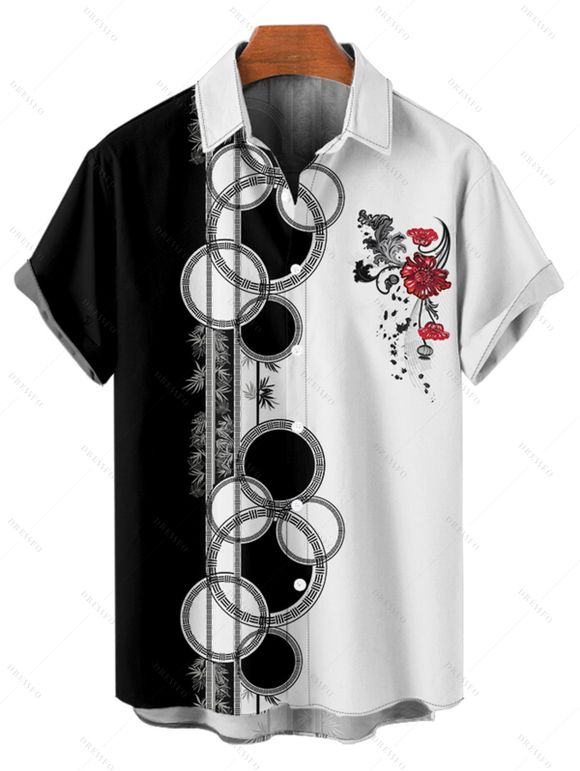 Chemise de Vacances Floral Géométrique en Couleur Contrastée Boutonnée Manches Roulées pour Homme - Noir M