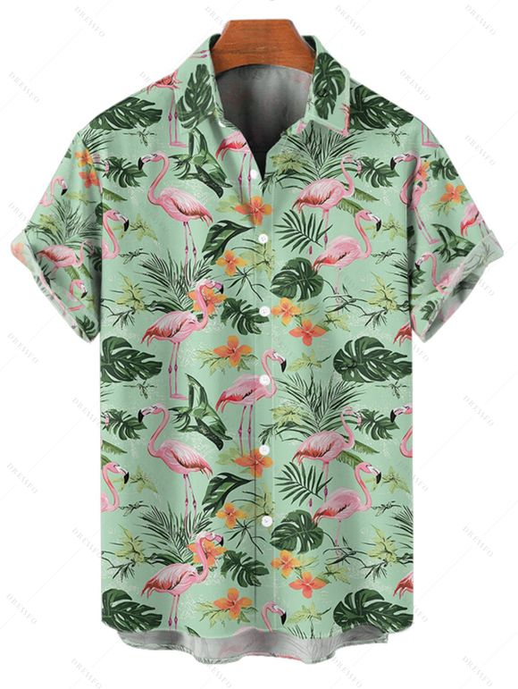 Chemise de Vacances Fleur Flamant Imprimés Boutonnée à Manches Roulées - Vert clair S