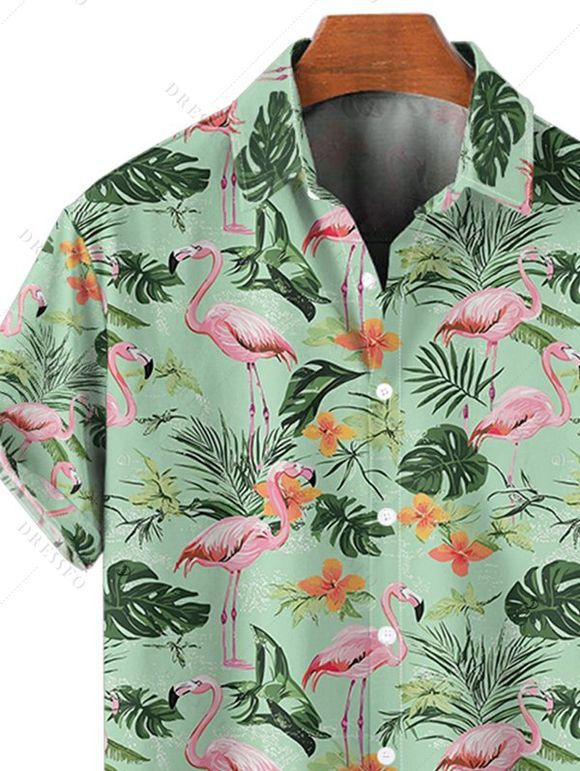 Chemise de Vacances Fleur Flamant Imprimés Boutonnée à Manches Roulées - Vert clair L