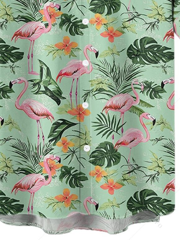 Chemise de Vacances Fleur Flamant Imprimés Boutonnée à Manches Roulées - Vert clair L
