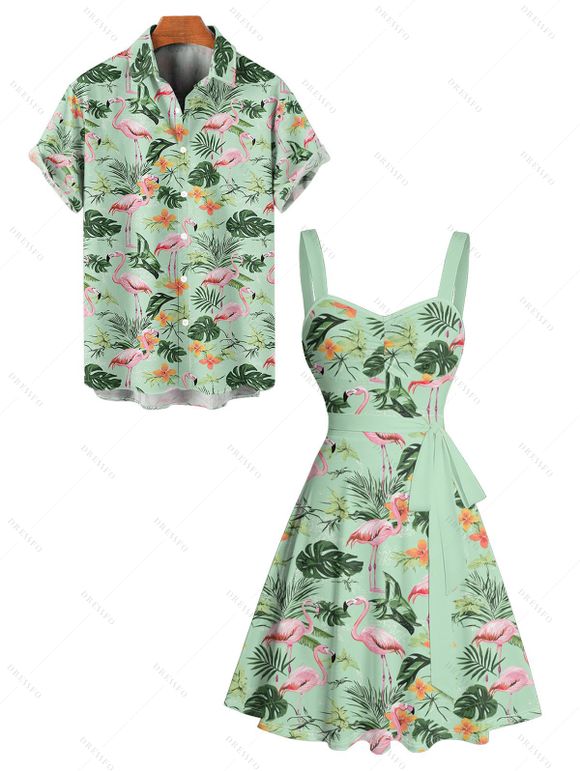 Vacation Couple Outfit Flamingo Leaf Floral Print Ruched Bust Belt Dress and Men's Roll Up Sleeve Hawaii Shirt Two Piece Set - Vert clair S | US 4