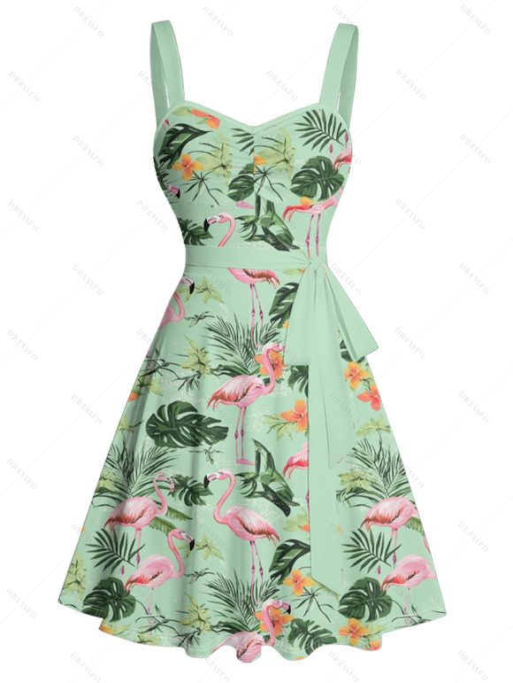 Vacation Couple Outfit Flamingo Leaf Floral Print Ruched Bust Belt Dress and Men's Roll Up Sleeve Hawaii Shirt Two Piece Set - Vert clair S | US 4