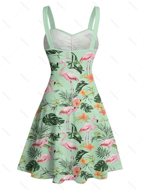 Vacation Couple Outfit Flamingo Leaf Floral Print Ruched Bust Belt Dress and Men's Roll Up Sleeve Hawaii Shirt Two Piece Set - Vert clair S | US 4