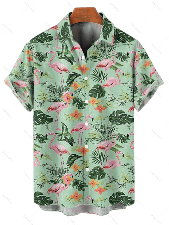 Vacation Couple Outfit Flamingo Leaf Floral Print Ruched Bust Belt Dress and Men's Roll Up Sleeve Hawaii Shirt Two Piece Set - Vert clair S | US 4