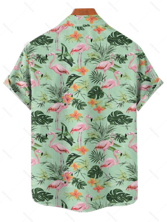 Vacation Couple Outfit Flamingo Leaf Floral Print Ruched Bust Belt Dress and Men's Roll Up Sleeve Hawaii Shirt Two Piece Set - Vert clair S | US 4