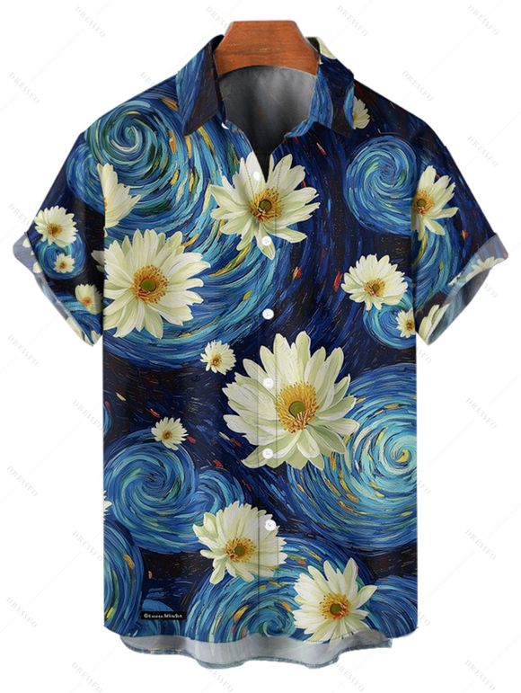 Chemise Décontractée Petites Marguerites Imprimées Boutonnée avec Manches Roulées pour Homme - Bleu profond 4XL