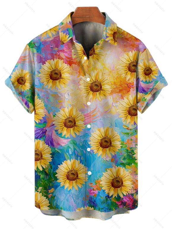 Chemise Décontractée Chaussette de Blouson Feuille Tropicale Imprimée Boutonnée à Manches Courtes pour Homme - multicolor A XL