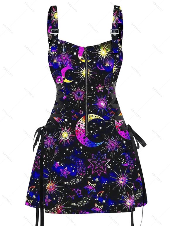 Mini Robe Ligne A à Bretelle Ajustable Gothique Etoile Lune et Soleil Imprimés à Epaule Dénudée - Noir XL | US 12