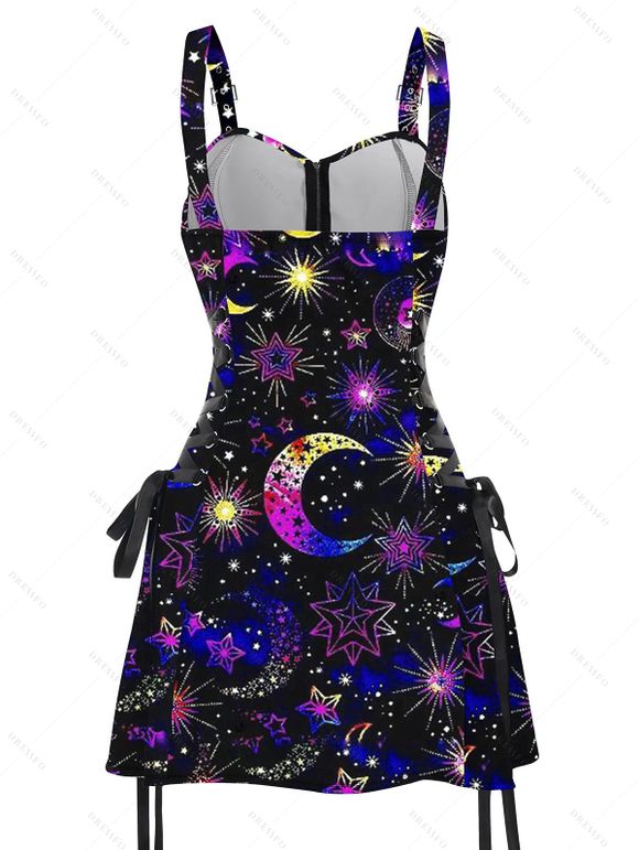 Mini Robe Ligne A à Bretelle Ajustable Gothique Etoile Lune et Soleil Imprimés à Epaule Dénudée - Noir XL | US 12