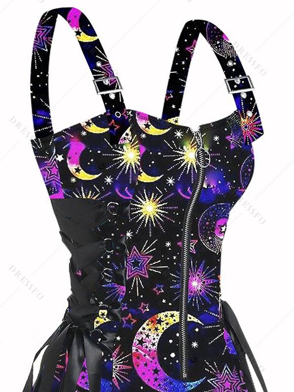 Mini Robe Ligne A à Bretelle Ajustable Gothique Etoile Lune et Soleil Imprimés à Epaule Dénudée - Noir XL | US 12