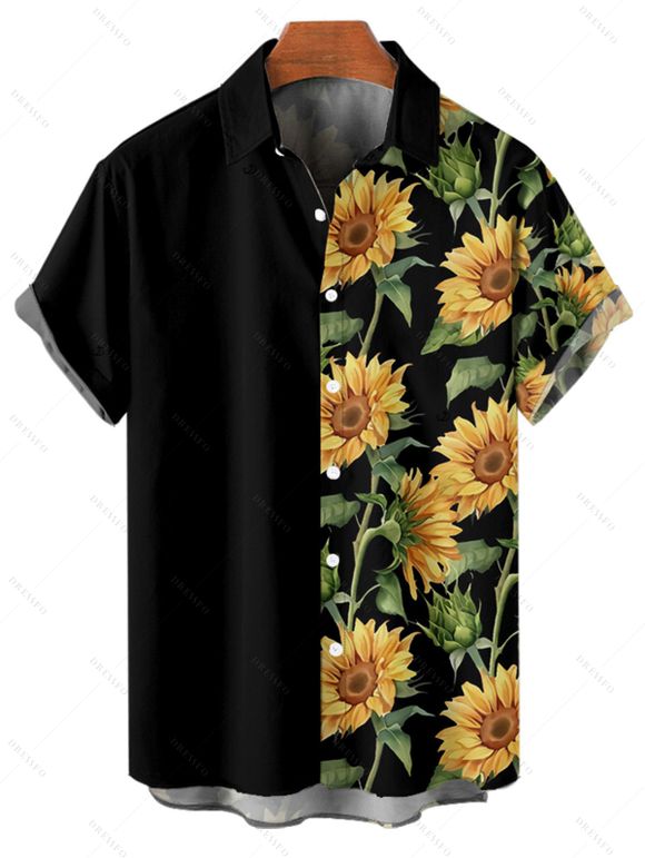 Chemise à Manches Courtes en Blocs de Couleurs avec Boutons Motif Tournesols Style Hawaïen - Noir 4XL