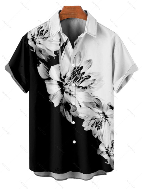 Chemise Hawaïenne Boutonnée Motif de Fleur Imprimée en Blocs de Couleurs à Manches Courtes - Noir M