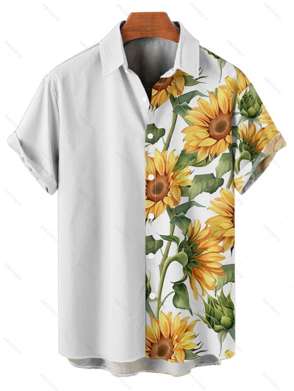 Chemise à Manches Courtes en Blocs de Couleurs avec Boutons Motif Tournesols Style Hawaïen - Blanc M | US 6