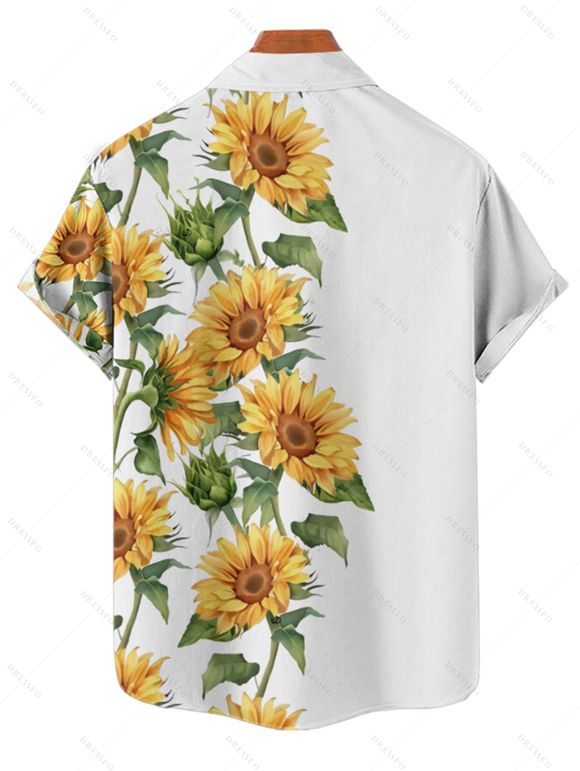 Chemise à Manches Courtes en Blocs de Couleurs avec Boutons Motif Tournesols Style Hawaïen - Blanc M