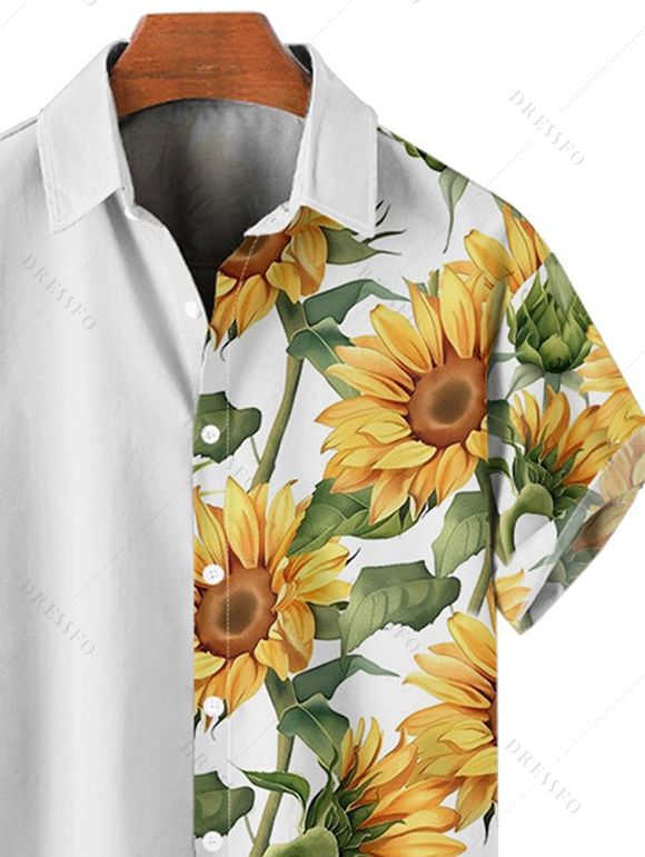 Chemise à Manches Courtes en Blocs de Couleurs avec Boutons Motif Tournesols Style Hawaïen - Blanc M