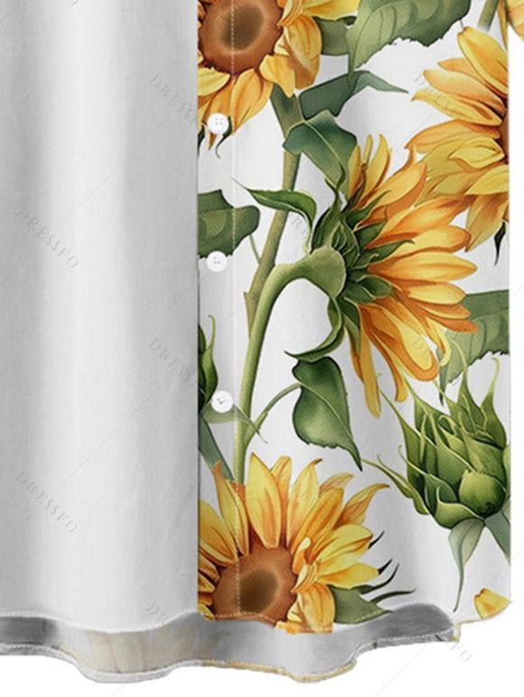 Chemise à Manches Courtes en Blocs de Couleurs avec Boutons Motif Tournesols Style Hawaïen - Blanc M