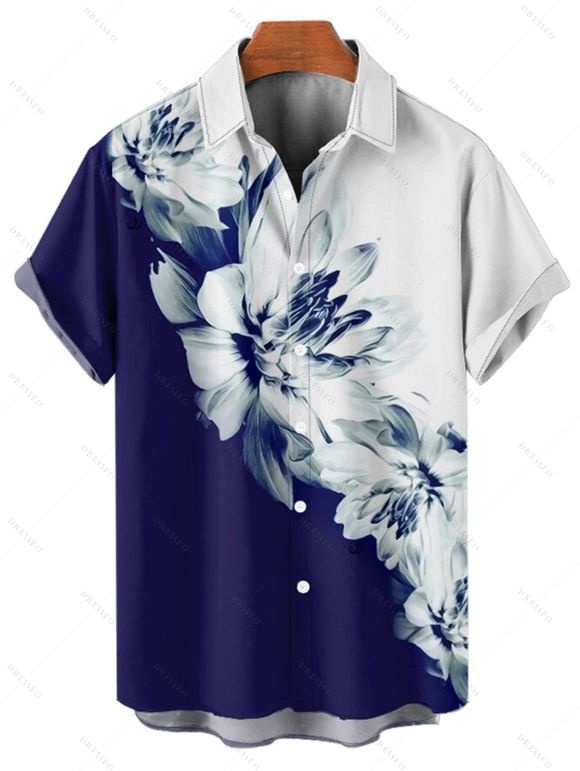 Chemise Hawaïenne Boutonnée Motif de Fleur Imprimée en Blocs de Couleurs à Manches Courtes - Bleu de Minuit 5XL