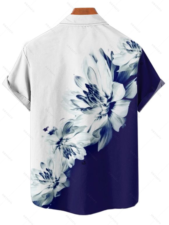Chemise Hawaïenne Boutonnée Motif de Fleur Imprimée en Blocs de Couleurs à Manches Courtes - Bleu de Minuit M
