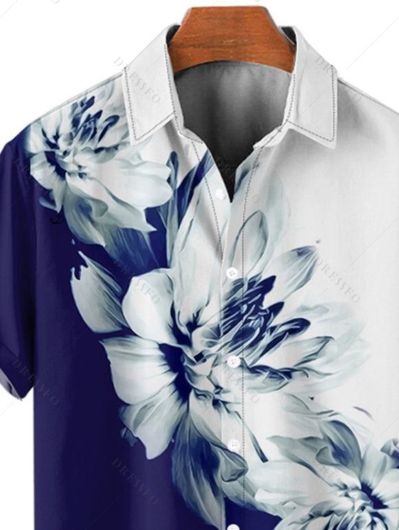 Chemise Hawaïenne Boutonnée Motif de Fleur Imprimée en Blocs de Couleurs à Manches Courtes - Bleu de Minuit M