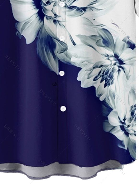 Chemise Hawaïenne Boutonnée Motif de Fleur Imprimée en Blocs de Couleurs à Manches Courtes - Bleu de Minuit M