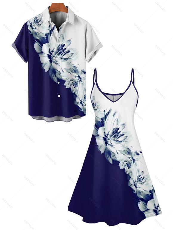 Hawaiian Vacation Color Clash Flower Pattern Printed Dress and Rolled Sleeve  Shirt Couple's Set - Bleu de Minuit S | US 4