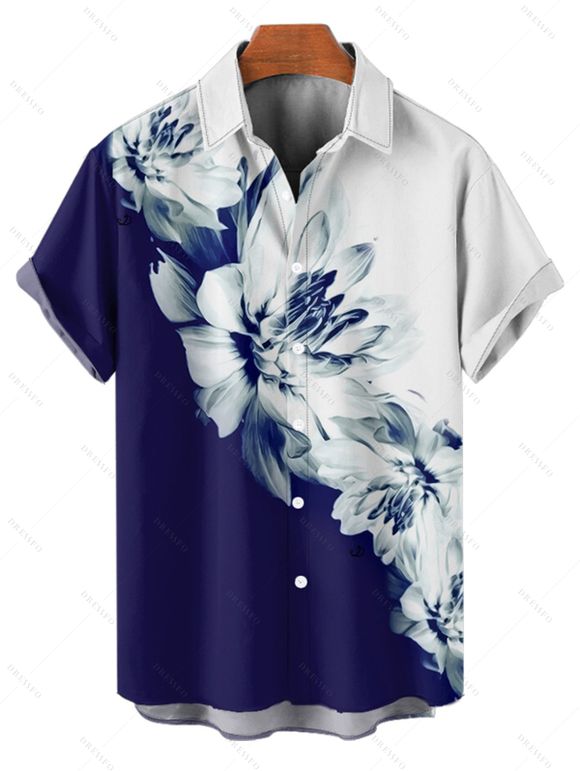 Hawaiian Vacation Color Clash Flower Pattern Printed Dress and Rolled Sleeve  Shirt Couple's Set - Bleu de Minuit S | US 4