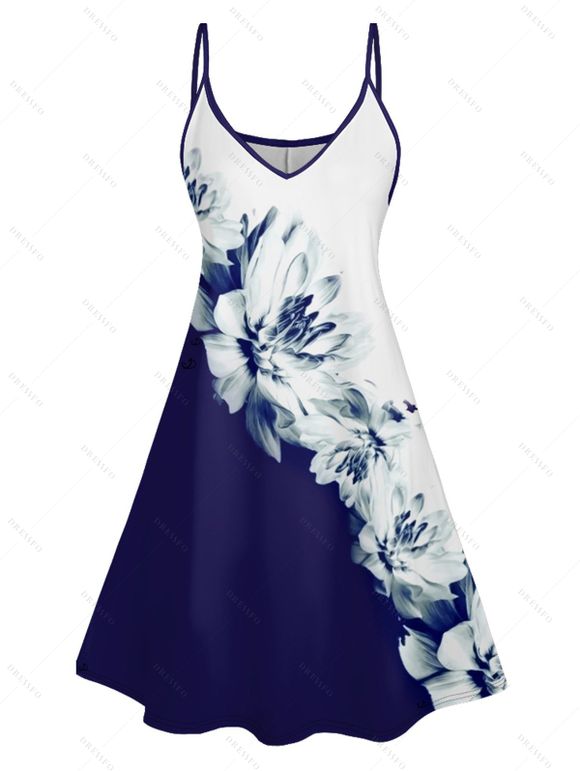 Robe Ajourée à Imprimé Floral à Bretelles Spaghetti - Bleu de Minuit M | US 6