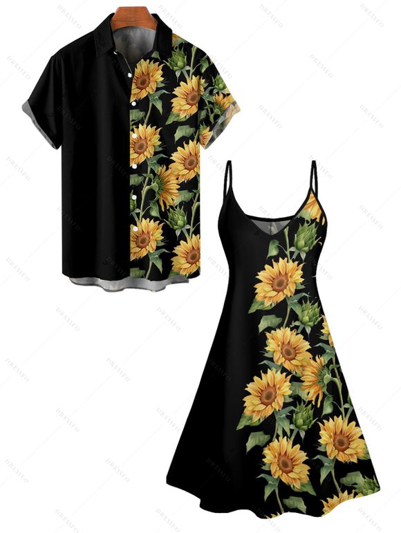 Hawaiian Vacation Sunflower Pattern Printed Dress and Rolled Sleeve  Shirt Couple's Set - Noir S | US 4