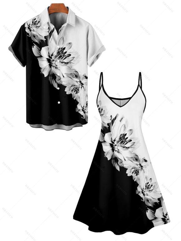 Hawaiian Vacation Color Clash Flower Pattern Printed Dress and Rolled Sleeve  Shirt Couple's Set - Noir S | US 4