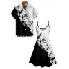 Hawaiian Vacation Color Clash Flower Pattern Printed Dress and Rolled Sleeve  Shirt Couple's Set - Noir S | US 4