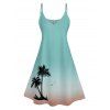 Ombre Palm Tree Print Hawaii Vacation Spaghetti Strap V Neck A Pendulum Mini Dress And Short Sleeve Shirt Matching Outfit - Vert clair S | US 4