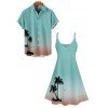 Omber Palm Tree Print Hawaii Vacation Spaghetti Strap V Neck A Pendulum Mini Dress And Short Sleeve Shirt Matching Outfit - Vert clair S | US 4