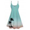 Omber Palm Tree Print Hawaii Vacation Spaghetti Strap V Neck A Pendulum Mini Dress And Short Sleeve Shirt Matching Outfit - Vert clair S | US 4