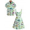 Cute Dinosaur Skeleton Print V Neck Spaghetti Strap Mini Dress And Short Sleeve Shirt Matching Outfit - Vert clair S | US 4