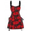 Robe de Fête Ajustable avec Fermeture Éclair et Boucle en O Imprimé Roses Rouges sans Manches pour Femmes - Rouge S | US 4