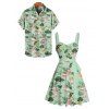 Vacation Couple Outfit Flamingo Leaf Floral Print Ruched Bust Belt Dress and Men's Roll Up Sleeve Hawaii Shirt Two Piece Set - Vert clair S | US 4