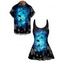 Couple Outfit Shell Dolphin Ocean Print One-piece Swimsuit and Men's Roll up Sleeve Hawaii Shirt Two Piece Set - Bleu profond S | US 4