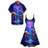 Colorful Big Mushroom Print V Neck Dress and Button Up Short Sleeve Hawaii Shirt Outfit - Bleu S | US 4