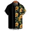 Chemise à Manches Courtes en Blocs de Couleurs avec Boutons Motif Tournesols Style Hawaïen - Noir M