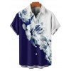 Chemise Hawaïenne Boutonnée Motif de Fleur Imprimée en Blocs de Couleurs à Manches Courtes - Bleu de Minuit M