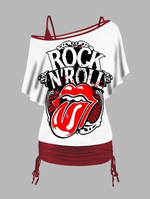 Rolling Stones Print Oblique Shoulder T-shirt And Cinched V Neck Spaghetti Strap Camisole Two Piece Set